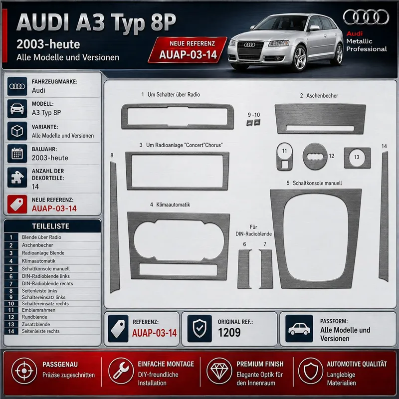 Audi A3 Typ 8P 2003-in poi kit rivestimento cruscotto e interni 3D 14 pezzi