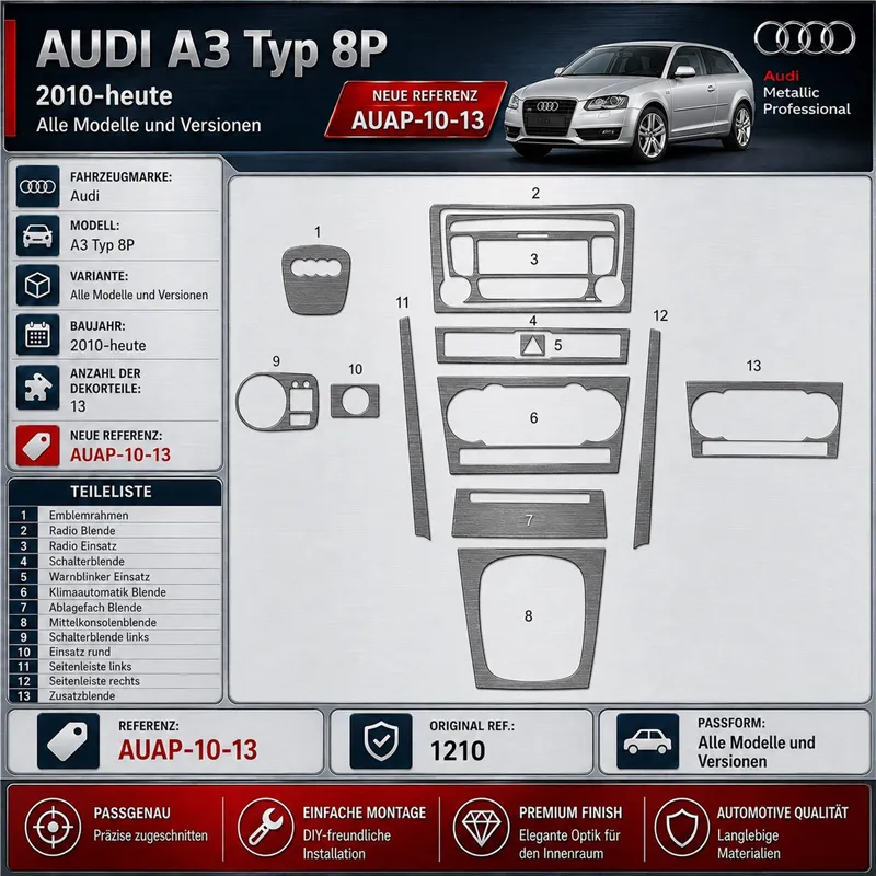Audi A3 Typ 8P 2010-in poi kit rivestimento cruscotto e interni 3D 13 pezzi