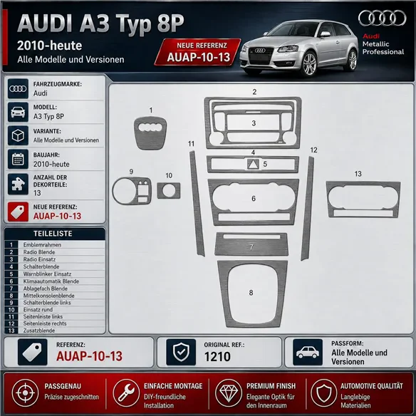 Audi A3 Typ 8P 2010-in poi kit rivestimento cruscotto e interni 3D 13 pezzi
