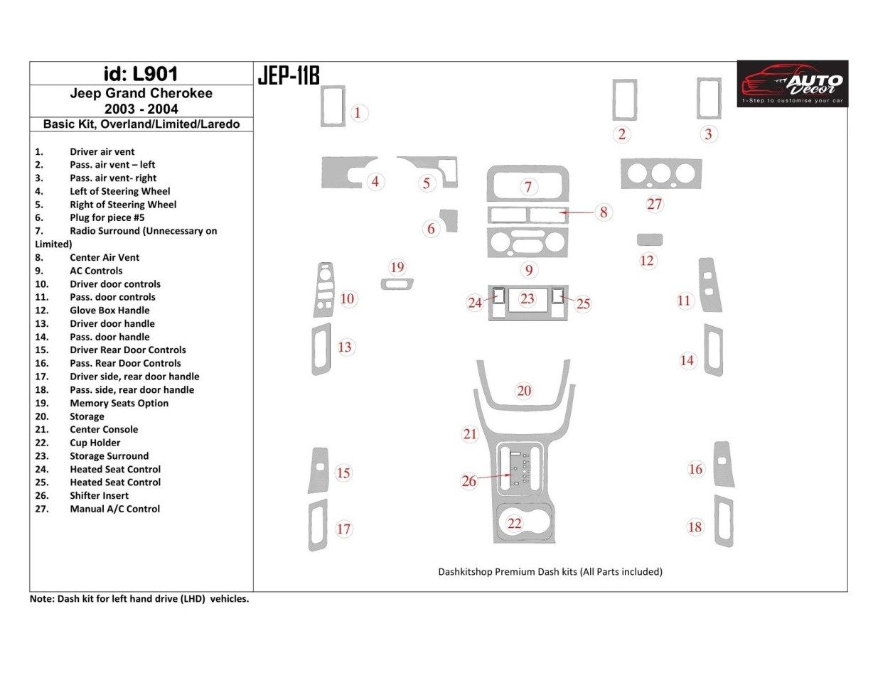 Jeep Grand Cherokee 2003-2004 Basic Set, Overland, Limited, Laredo Cruscotto BD Rivestimenti interni Jeep Grand Cherokee 2003-2004 Basic Set, Overland, Limited, Laredo Cruscotto BD Rivestimenti interni