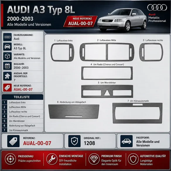 Audi A3 Typ 8L 2000-2003 kit rivestimento cruscotto e interni 3D 7 pezzi
