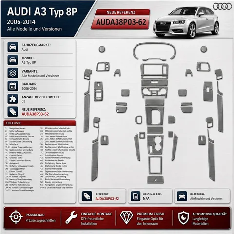 Audi A3 Typ 8P 2006-2014 kit rivestimento cruscotto e interni 3D 62 pezzi