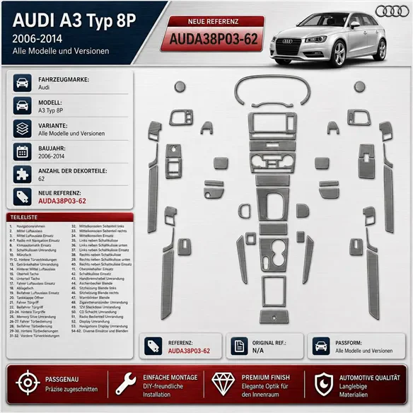 Audi A3 Typ 8P 2006-2014 kit rivestimento cruscotto e interni 3D 62 pezzi