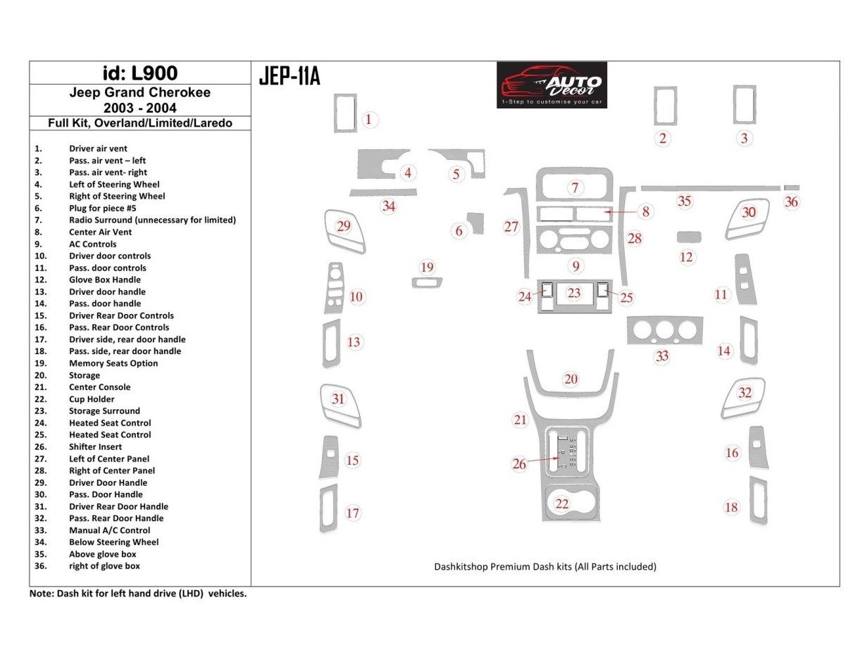 Jeep Grand Cherokee 2003-2004 Full Set, Overland, Limited, Laredo Cruscotto BD Rivestimenti interni