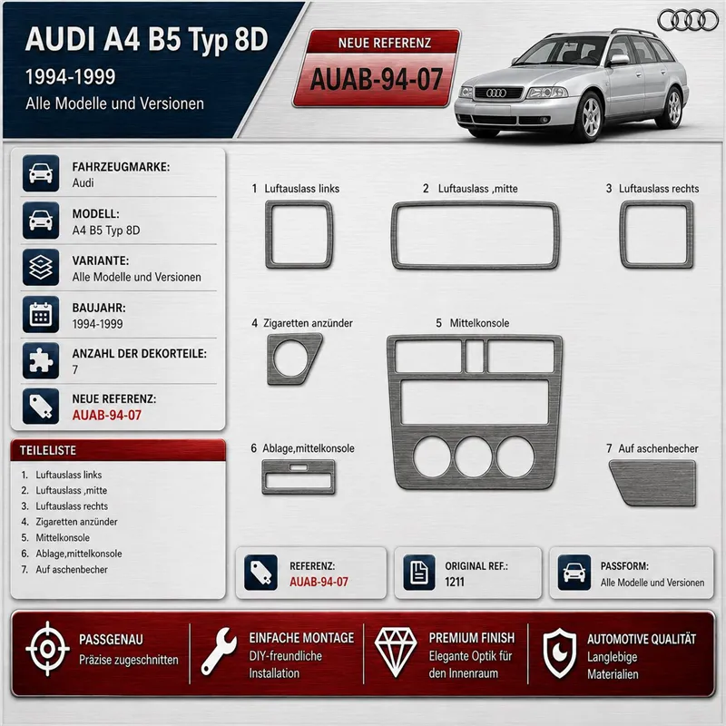 Audi A4 B5 Typ 8D 1994-1999 kit rivestimento cruscotto e interni 3D 7 pezzi