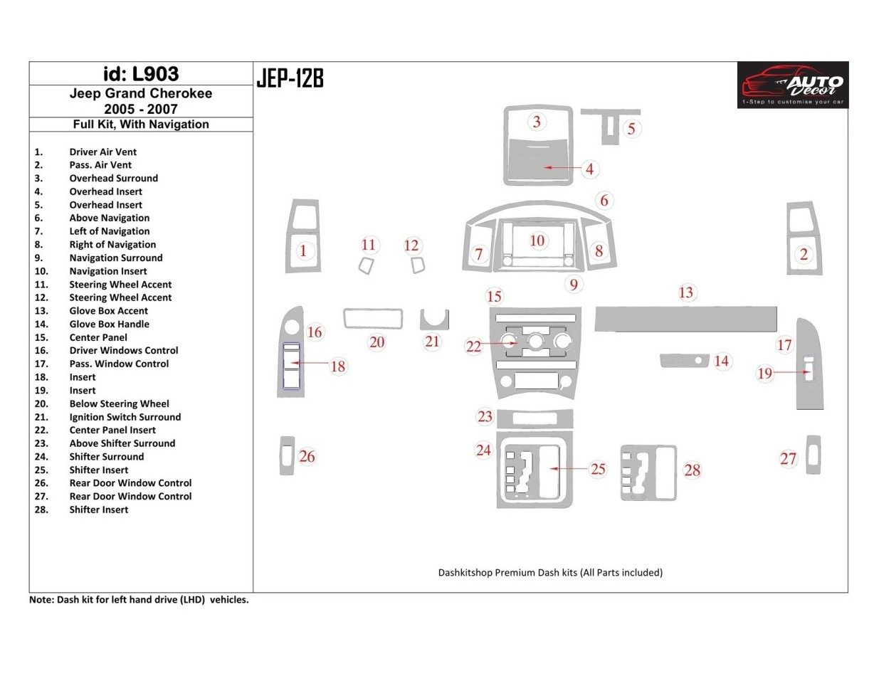 Jeep Grand Cherokee 2005-2007 Full Set, With NAVI Cruscotto BD Rivestimenti interni Jeep Grand Cherokee 2005-2007 Full Set, With NAVI Cruscotto BD Rivestimenti interni