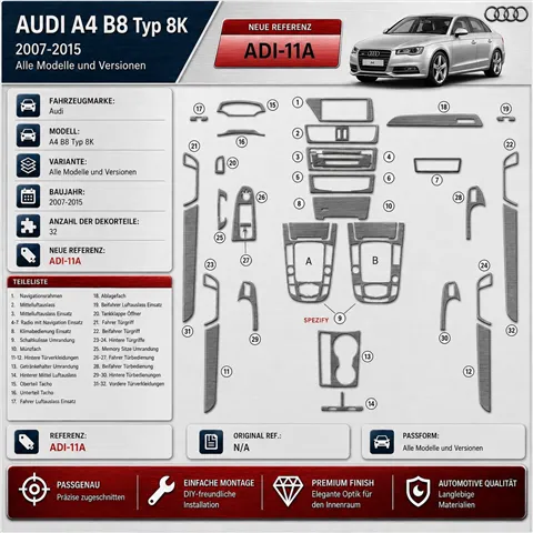 Audi A4 B8 Typ 8K 2007-2015 kit rivestimento cruscotto e interni 3D 32 pezzi
