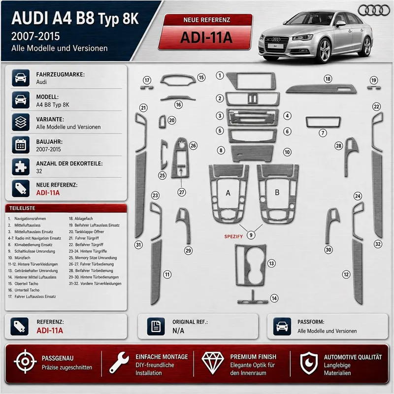 Audi A4 B8 Typ 8K 2007-2015 kit rivestimento cruscotto e interni 3D 32 pezzi