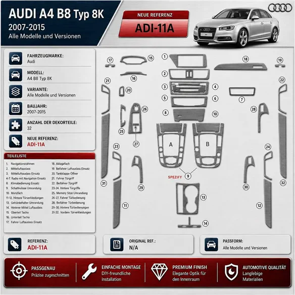 Audi A4 B8 Typ 8K 2007-2015 kit rivestimento cruscotto e interni 3D 32 pezzi