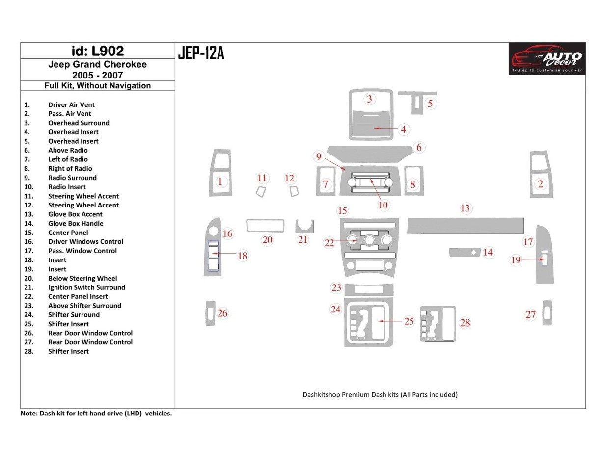 Jeep Grand Cherokee 2005-2007 Full Set, Without NAVI Cruscotto BD Rivestimenti interni Jeep Grand Cherokee 2005-2007 Full Set, Without NAVI Cruscotto BD Rivestimenti interni
