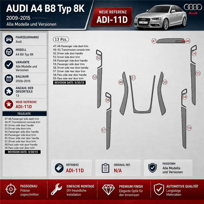 Audi A4 B8 Typ 8K 2009-2015 kit rivestimento cruscotto e interni 3D 13 pezzi