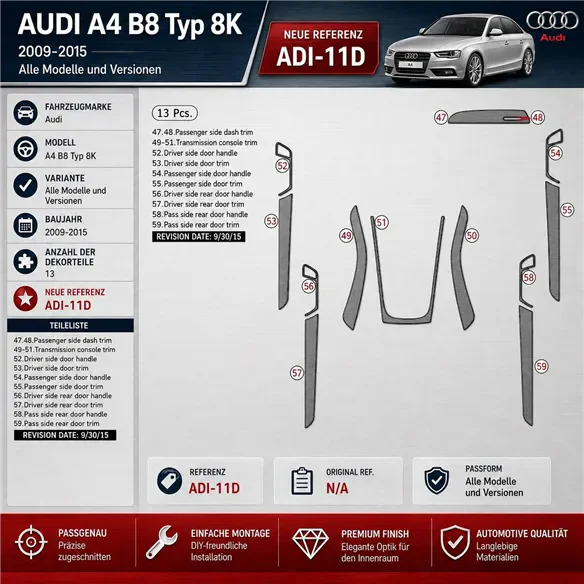 Audi A4 B8 Typ 8K 2009-2015 kit rivestimento cruscotto e interni 3D 13 pezzi
