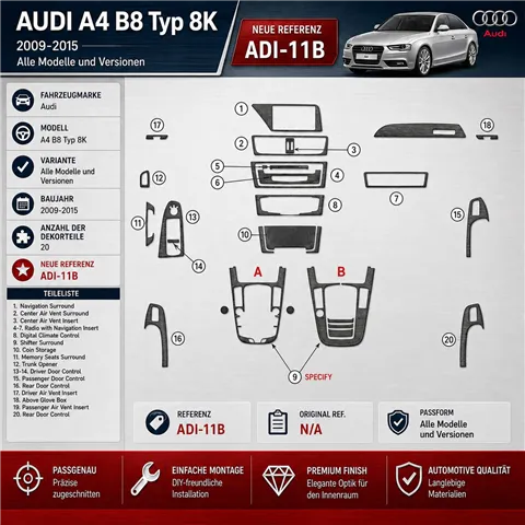 Audi A4 B8 Typ 8K 2009-2015 kit rivestimento cruscotto e interni 3D 20 pezzi