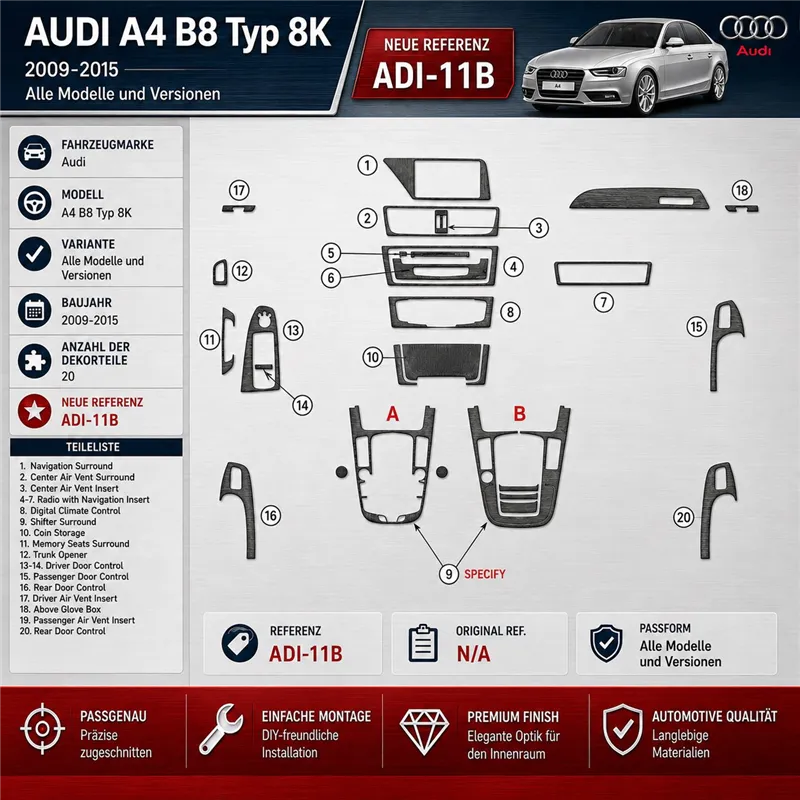Audi A4 B8 Typ 8K 2009-2015 kit rivestimento cruscotto e interni 3D 20 pezzi