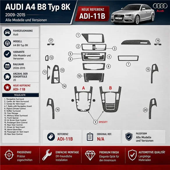 Audi A4 B8 Typ 8K 2009-2015 kit rivestimento cruscotto e interni 3D 20 pezzi