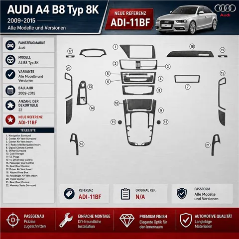 Audi A4 B8 Typ 8K 2009-2015 kit rivestimento cruscotto e interni 3D 22 pezzi