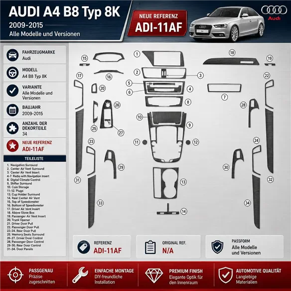 Audi A4 B8 Typ 8K 2009-2015 kit rivestimento cruscotto e interni 3D 34 pezzi