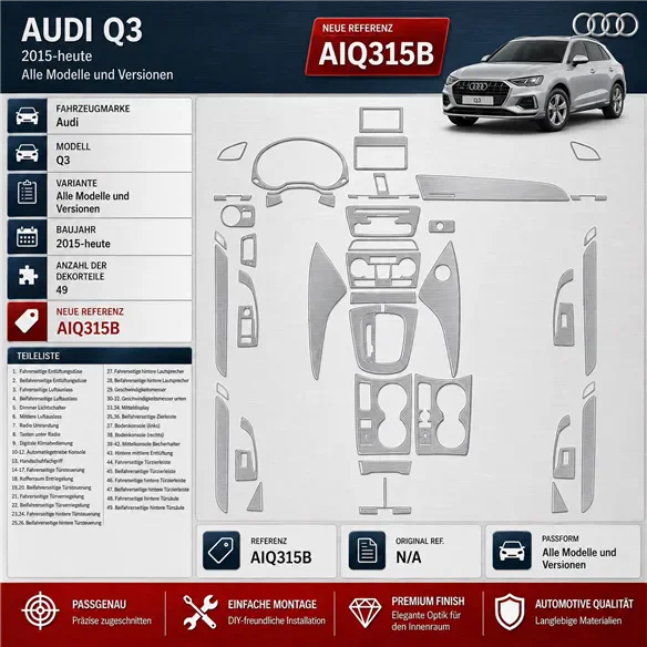 Audi Q3 2015-in poi kit rivestimento cruscotto e interni 3D 49 pezzi