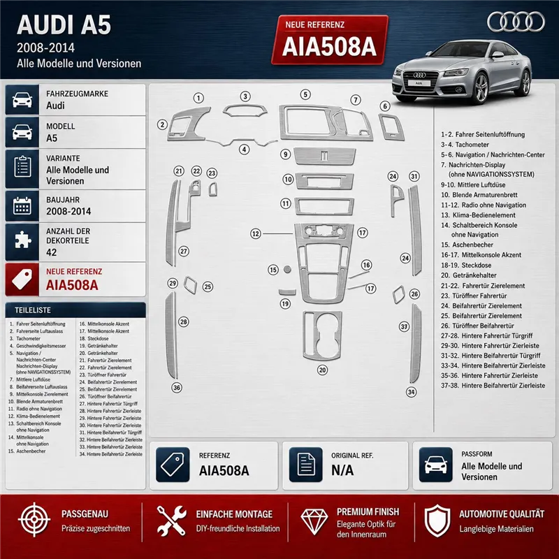 Audi A5 2008-2014 Hatchback kit rivestimento cruscotto e interni 3D 42 pezzi