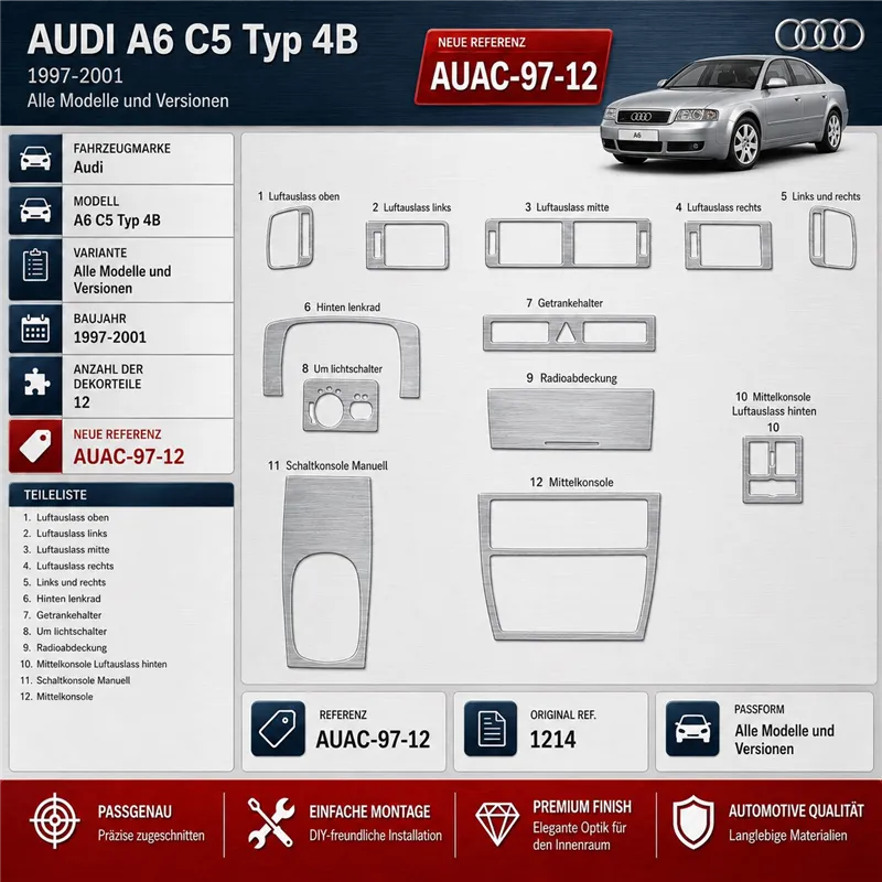Audi A6 C5 Typ 4B 1997-2001 kit rivestimento cruscotto e interni 3D 12 pezzi