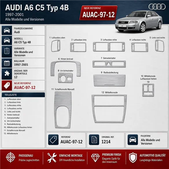 Audi A6 C5 Typ 4B 1997-2001 kit rivestimento cruscotto e interni 3D 12 pezzi