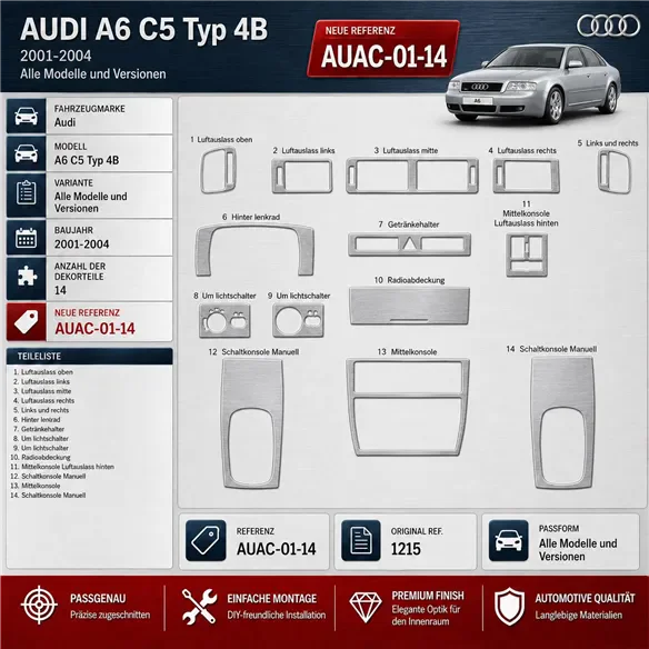 Audi A6 C5 Typ 4B 2001-2004 kit rivestimento cruscotto e interni 3D 14 pezzi