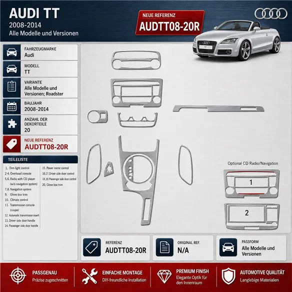 Audi TT 2008-2014 Roadster kit rivestimento cruscotto e interni 3D 20 pezzi