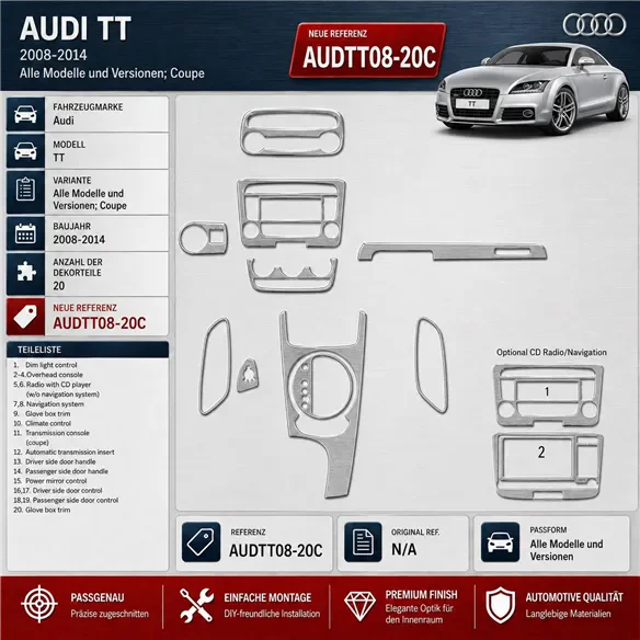 Audi TT 2008-2014 Coupe kit rivestimento cruscotto e interni 3D 20 pezzi