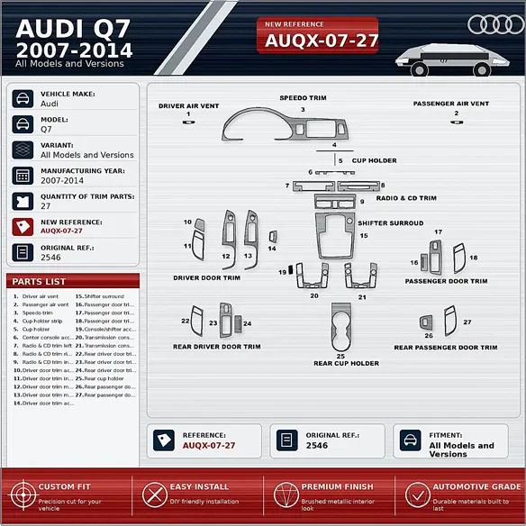 Audi Q7 2007-2014 kit rivestimento cruscotto e interni 3D 27 pezzi