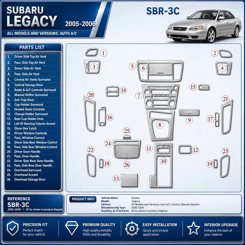 Subaru Legacy 2005-2006 Auto comandi climatizzatore; cambio manuale kit rivestimento cruscotto e interni 3D