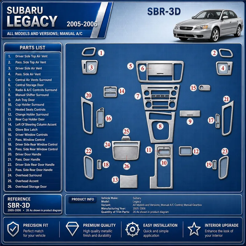 Subaru Legacy 2005-2006 cambio manuale comandi climatizzatore; cambio manuale kit rivestimento cruscotto e interni 3D
