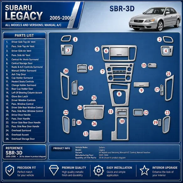 Subaru Legacy 2005-2006 cambio manuale comandi climatizzatore; cambio manuale kit rivestimento cruscotto e interni 3D