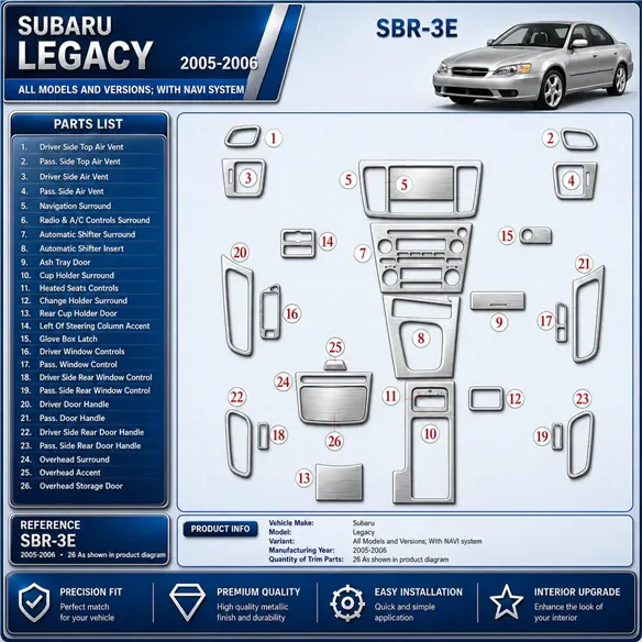 Subaru Legacy 2005-2006 con sistema di navigazione kit rivestimento cruscotto e interni 3D