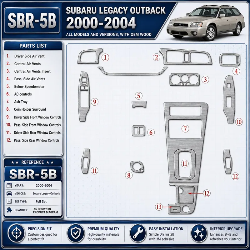 Subaru Legacy Outback 2000-2004 con OEM Wood kit rivestimento cruscotto e interni 3D