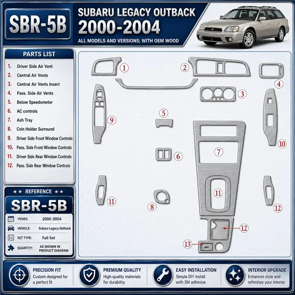 Subaru Legacy Outback 2000-2004 con OEM Wood kit rivestimento cruscotto e interni 3D