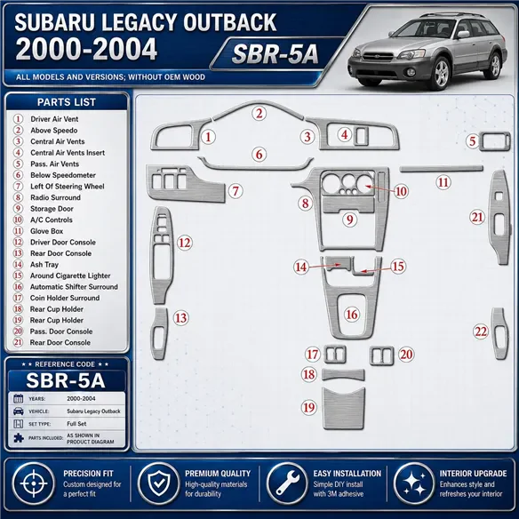 Subaru Legacy Outback 2000-2004 senza OEM Wood kit rivestimento cruscotto e interni 3D
