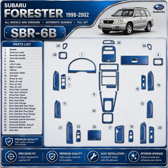 Subaru Forester 1998-2002 cambio automatico; set completo kit rivestimento cruscotto e interni 3D 30 pezzi