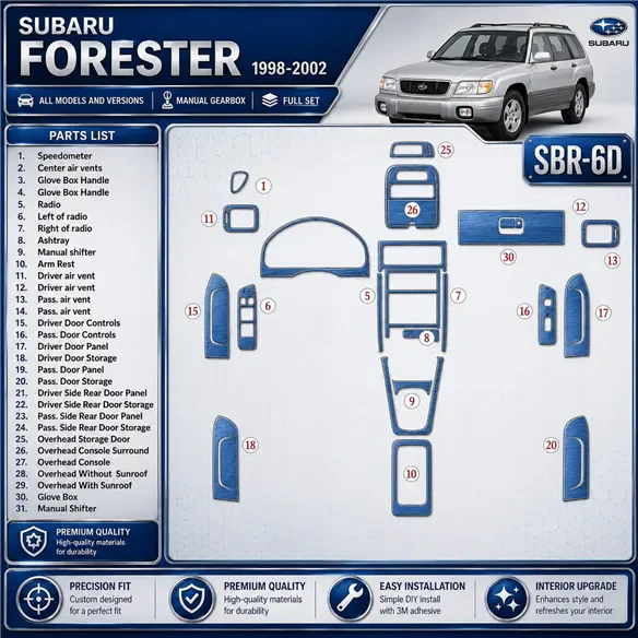 Subaru Forester 1998-2002 cambio manuale; set completo kit rivestimento cruscotto e interni 3D 31 pezzi