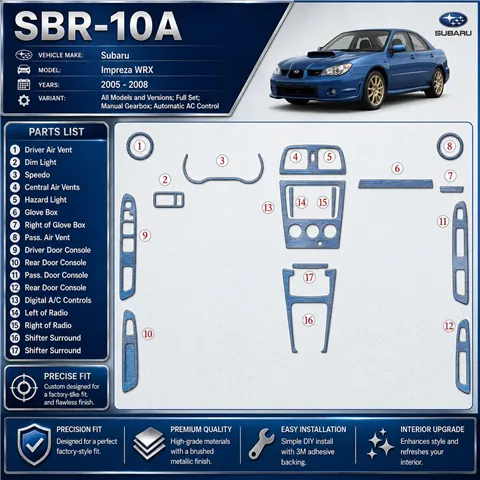 Subaru Impreza WRX 2005-2008 set completo; cambio manuale; Automatic comandi climatizzatore kit rivestimento cruscotto e interni