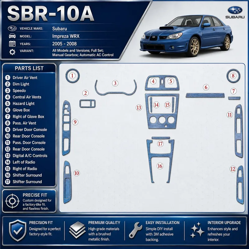 Subaru Impreza WRX 2005-2008 set completo; cambio manuale; Automatic comandi climatizzatore kit rivestimento cruscotto e interni
