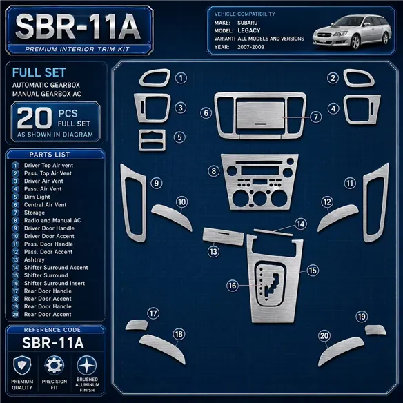 Subaru Legacy 2007-2009 set completo; cambio automatico; cambio manuale AC kit rivestimento cruscotto e interni 3D