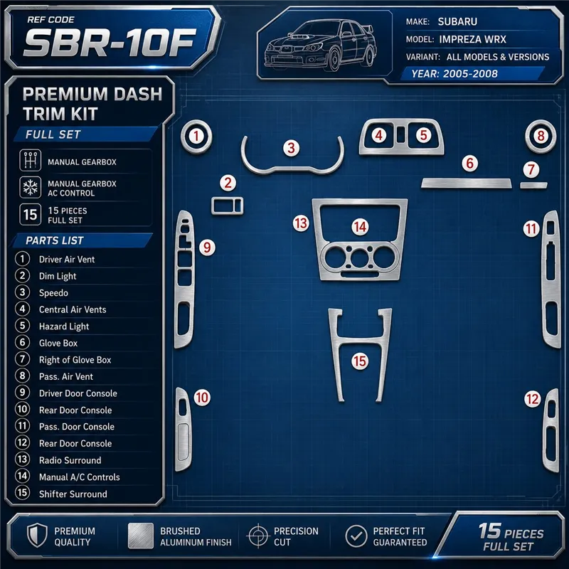 Subaru Impreza WRX 2005-2008 set completo; cambio manuale; cambio manuale comandi climatizzatore kit rivestimento cruscotto e in