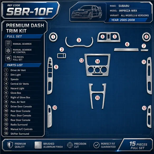 Subaru Impreza WRX 2005-2008 set completo; cambio manuale; cambio manuale comandi climatizzatore kit rivestimento cruscotto e in