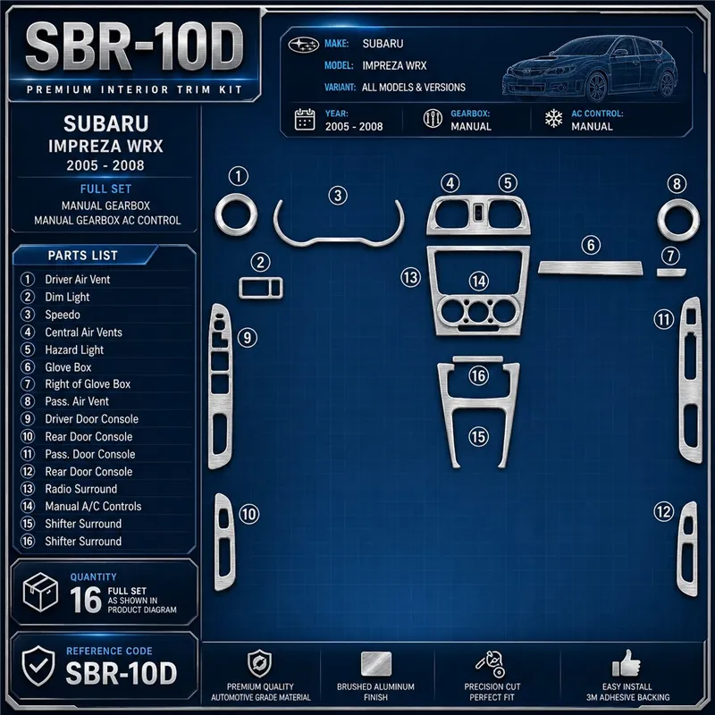 Subaru Impreza WRX 2005-2008 set completo; cambio manuale; cambio manuale comandi climatizzatore kit rivestimento cruscotto e in
