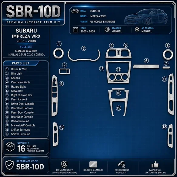 Subaru Impreza WRX 2005-2008 set completo; cambio manuale; cambio manuale comandi climatizzatore kit rivestimento cruscotto e in