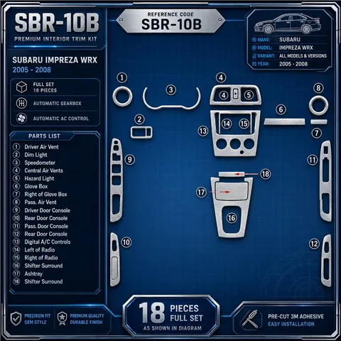 Subaru Impreza WRX 2005-2008 set completo; cambio automatico; Automatic comandi climatizzatore kit rivestimento cruscotto e inte