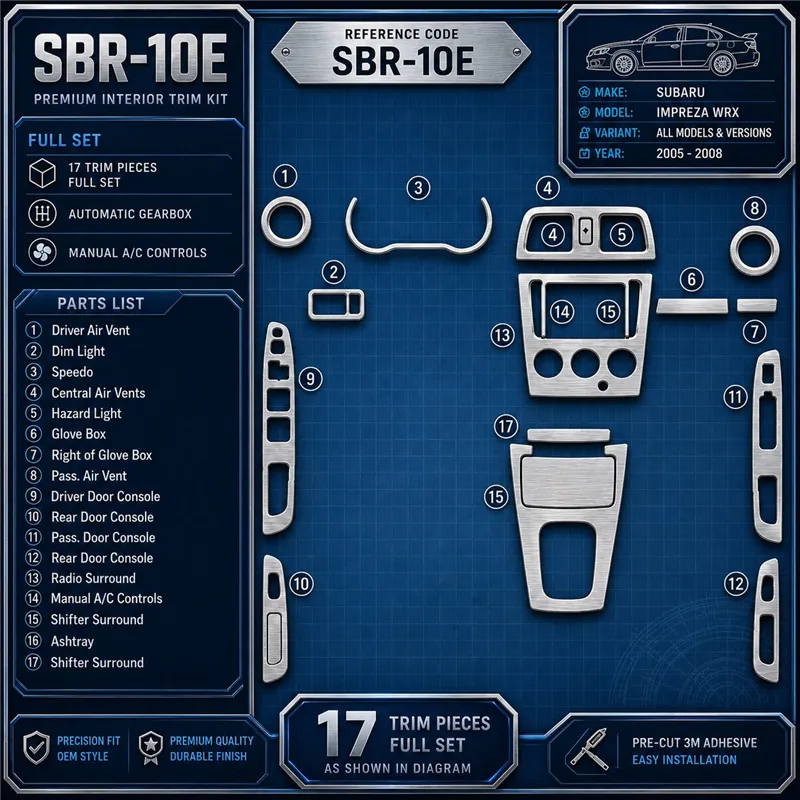 Subaru Impreza WRX 2005-2008 set completo; cambio automatico; cambio manuale comandi climatizzatore kit rivestimento cruscotto e