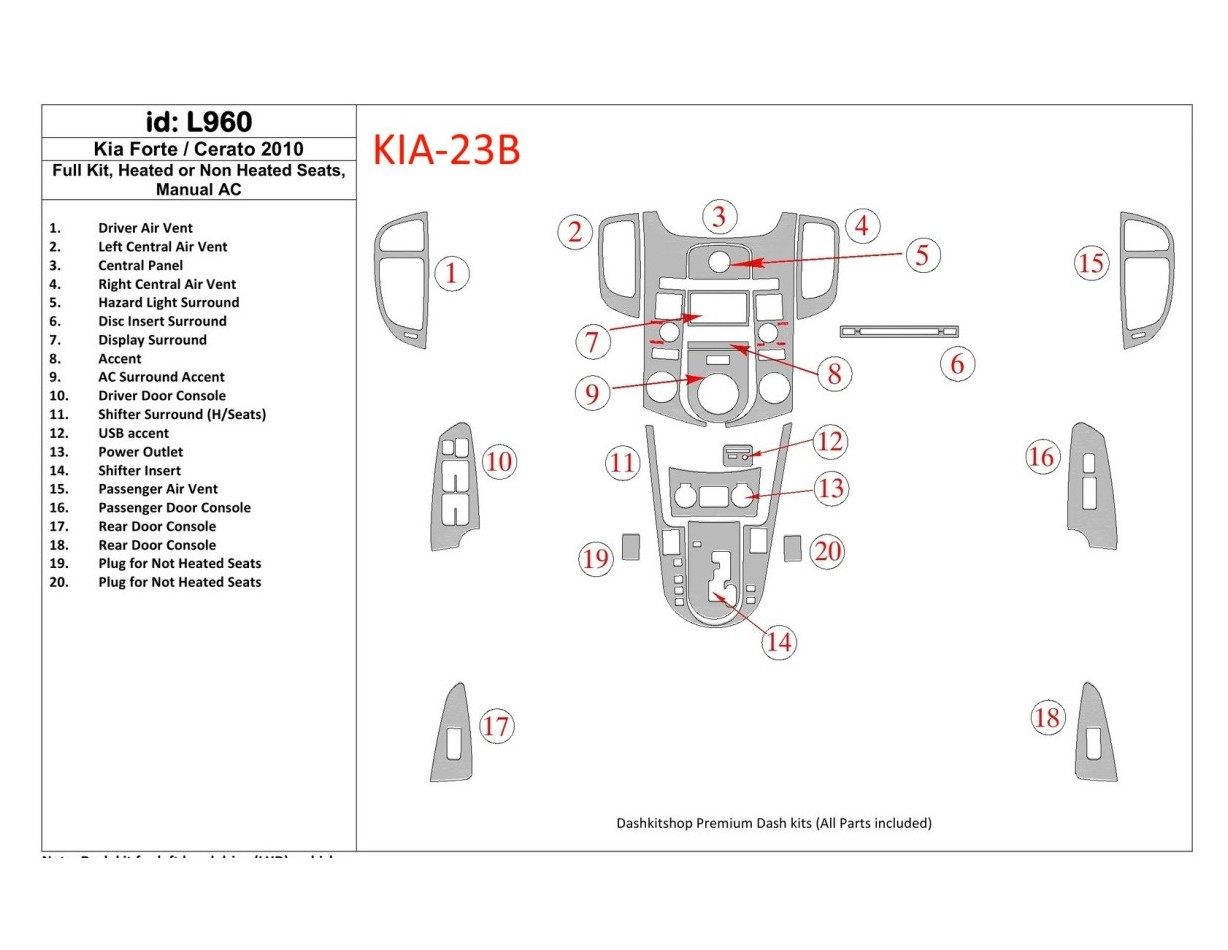 Kia Cerato 2010-2011 Full Set, With Heating and Without Seats Heating, Climate-Control Cruscotto BD Rivestimenti interni