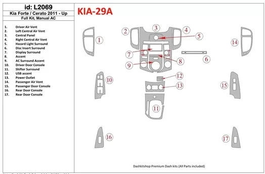 KIA Cerato 2011-UP Full Set, Aircondition Cruscotto BD Rivestimenti interni