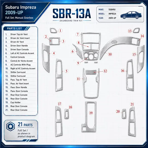 Subaru Impreza 2009-in poi set completo; cambio manuale kit rivestimento cruscotto e interni 3D